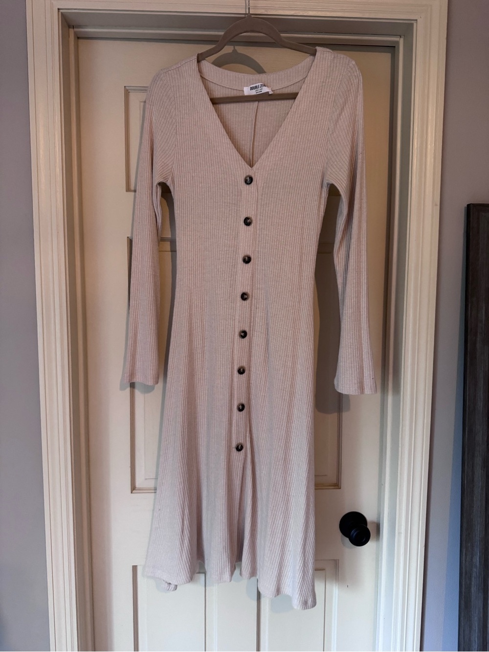 Double Zero Button-Front Ribbed Long Sleeve Dress in Light Beige